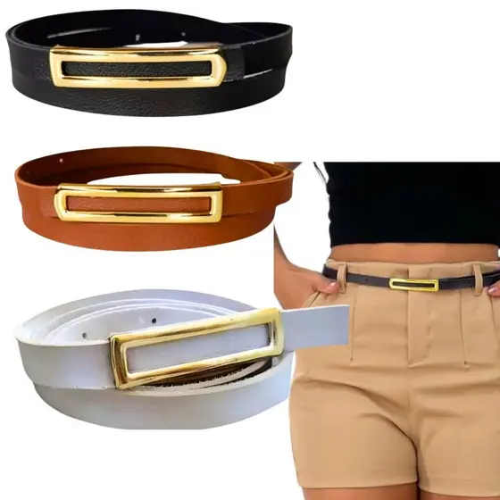 Cinto Feminino Elegante Retangular Fino Fivela Dourada