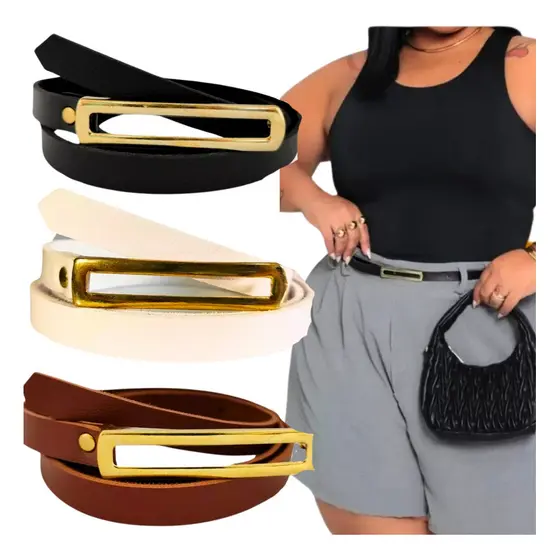 Kit Cintos Femininos Plus Size Retangular Fino Fivela Dourada