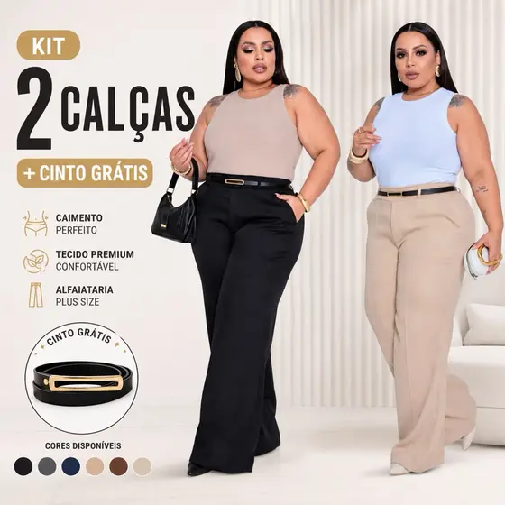 Kit 2 Calça Alfaiataria Plus Size Pantalona Wide Leg Social
