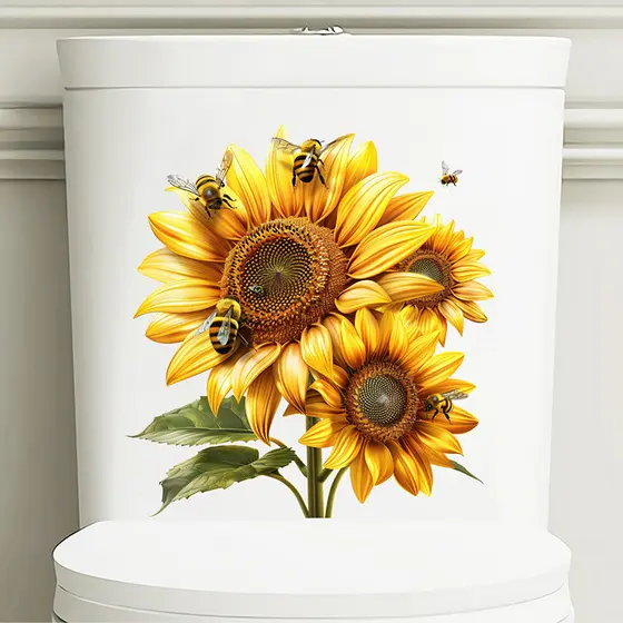 Adesivo De Girassol Pintado Para Banheiro , À Prova D'água , Capa De Vaso Sanitário , Autoadesivo