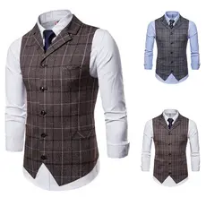 Colete Xadrez Masculino Slim Britânico Com Lapela E Peito Único
