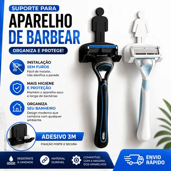 Kit Suporte Gillette Parede Fita 3M Porta Barbeador Sem Furo Kit Organizador Banheiro Dele e Dela