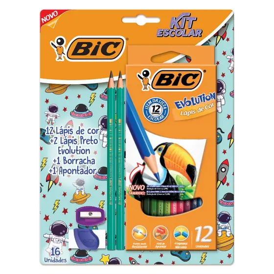Kit Escolar com 12 Lápis de Cor BIC Evolution + 2 Lápis Pretos + 1 Borracha + 1 Apontador, 16 Unidades