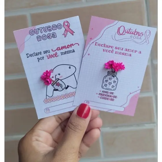 Outubro Rosa | Card com Flor Sempre Viva | Mimo para clientes | Mimo Outubro Rosa