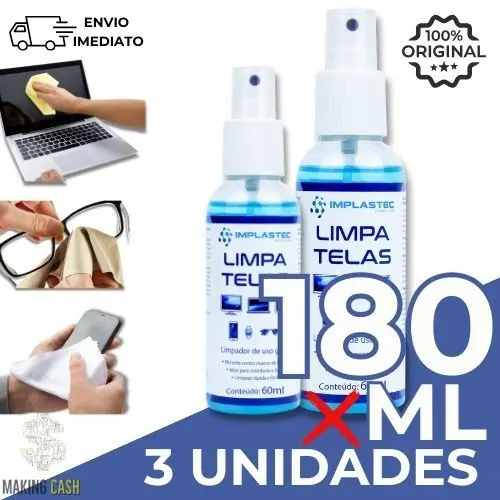 Kit 3 Limpa Telas Clean Implastec 60ML Para Celular, Monitor, TV e Óculos Remove Manchas, Anti-Risco