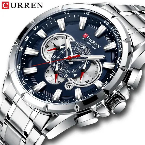 CURREN 8363 Causal Sport Chronograph Men's Watches Stainless Steel Band Wristwatch Big Dial Quartz Clock with Luminous Pointers