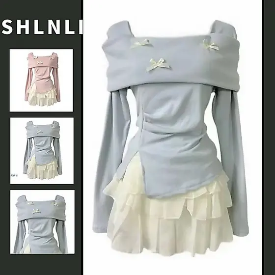 Conjunto Feminino De Verão Doce E Fofo , Ombro De Fora , Manga Comprida , Top + Saia De Cor Sólida , De Duas Peças