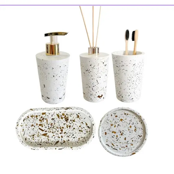 Kit 5 Peças Lavabo/Banheiro Decorativo Bandeja + Difusor + Sab. Liquido + Porta Escova