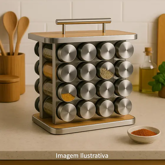 Porta 16 Potes Tempero Frasco Organizador Inox Vidro Vasilha Condimento Saleiro Cozinha Conserva