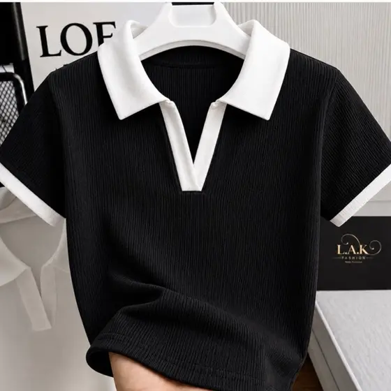 Blusa Polo Feminina Bicolor Manga Curta Ribana Premium Canelada Elegante
