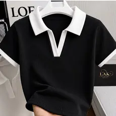 Blusa Polo Feminina Bicolor Manga Curta Ribana Premium Canelada Elegante