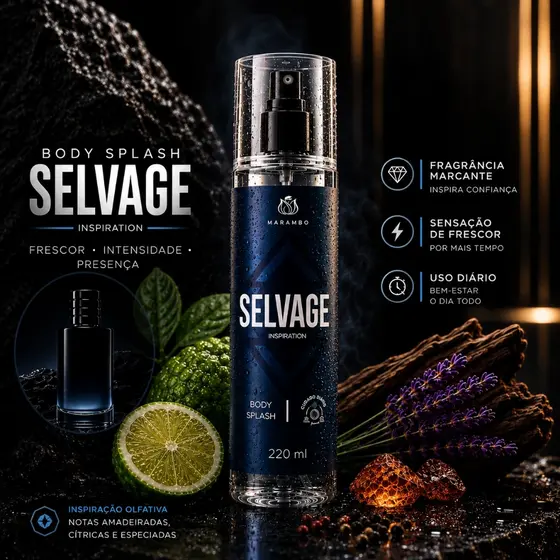 Body Splash Masculino 220ml Marambo Selvage Perfume Corporal Amadeirado Fresco Longa Sensação de Frescor