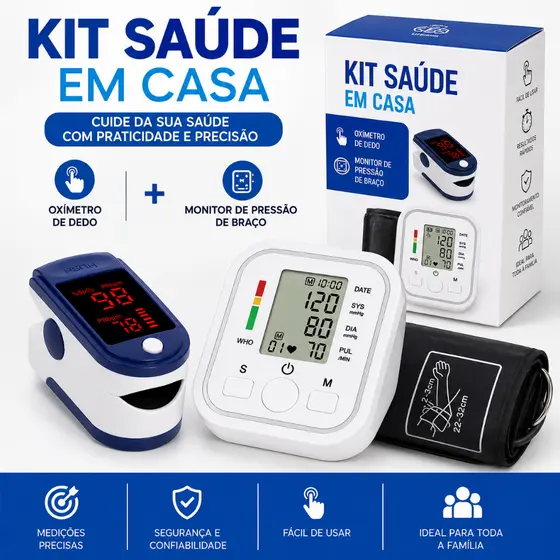 Kit Saúde Oxímetro Digital de Dedo + Aparelho de Pressão Arterial Digital de Braço