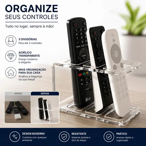 Organizador Porta Controle Remoto Acrílico Mesa Sala Sofá 3 Controles Transparente Compacto