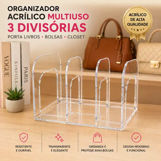 Organizador de Bolsas Acrílico 3 Divisórias Transparente Porta Bolsa Guarda Roupa