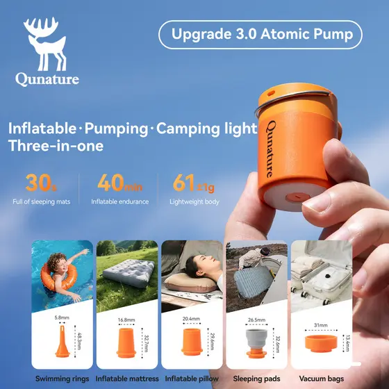 Bomba De Ar Elétrica Qunature 5.0kPa Deflação De Inflação Rápida Camping Magnética Portátil Ultraleve 3 Em 1