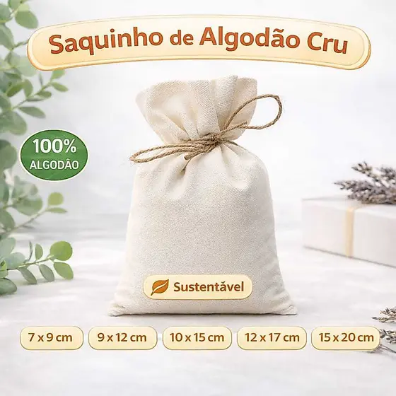 50 Saquinhos em algodão cru com cordão de juta solto. 100% Algodão.