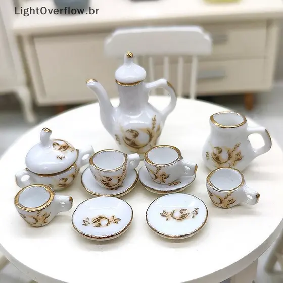 11 Unidades/Conjunto 1:12 Miniatura Cerâmica, Bule e Talheres Marrom/Rosa p/ Casa de Bonecas