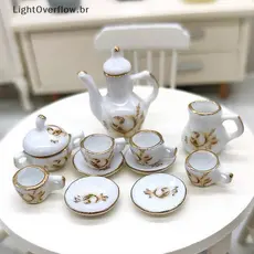 11 Unidades/Conjunto 1:12 Miniatura Cerâmica, Bule e Talheres Marrom/Rosa p/ Casa de Bonecas
