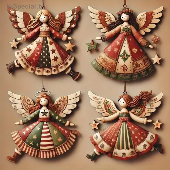 [Nis] 4 Peças De Enfeites De Natal De Anjo De Madeira Feitos À Mão-Decoração Festiva Multicolorida Para Árvore , Casa E