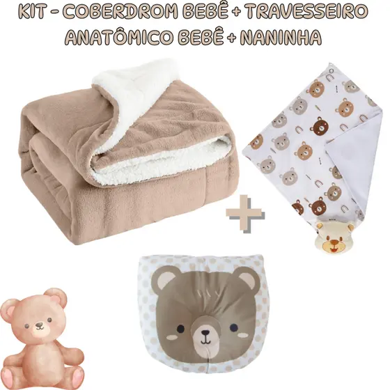 Kit 3 Itens Coberdrom Bebê + Travesseiro Anatômico Bebê + Naninha Várias opções