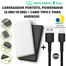 KIT CARREGADOR PORTÁTIL POWER BANK (5.000 / 10.000 MAH) + CABO TIPO-C PARA ANDROID