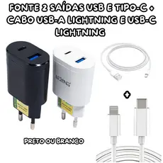 CARREGADOR DE PAREDE 2 SAÍDAS USB E TIPO-C + 2 CABOS CABOS COMPATÍVEL COM IOS IPHONE USB-A/USB-C