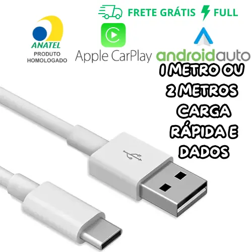 CABO COMPATÍVEL COM APPLE CARPLAY/ANDROID AUTO USB-A P/ TIPO-C DADOS E CARREGAMENTO 1 OU 2 METROS