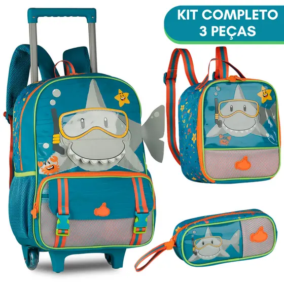 Kit Mochila Rodinha + Lancheira Termica + Estojo Menino Escolar Resistente