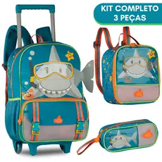 Kit Mochila Rodinha + Lancheira Termica + Estojo Menino Escolar Resistente