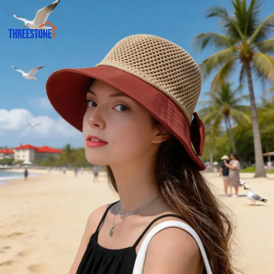 Chapéu De Sol Diário Casual , De Crochê Respirável Com Design Elegante De Laço Para Fotos De Praia E Passeios De Verão