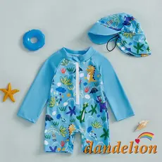 0-5 Anos Crianças/Bebê Menino Rash Guard Maiô De Uma Peça Com Estampa De Tubarão Manga Comprida Meio Zíper Chapéu De Sol