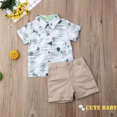 Conjunto De Verão Para Infantil Bebês Meninos Mangas Curtas Camisa Estampada Com Coqueiro E Shorts Cáqui, 1-6 Anos