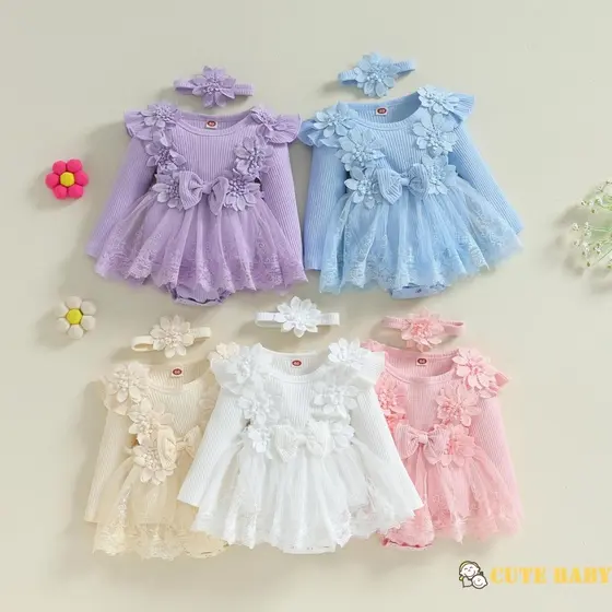 Eph-Infantil Bebê Meninas 2Pcs Roupas Flor Laço Manga Longa Macacão Vestido Com Faixa De Cabeça,0-18 Meses