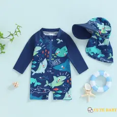 Eph-Kids Bebê Meninos Verão Maiô Peixe Tubarão Zip Up Manga Longa Com Chapéu, 0-5 Anos