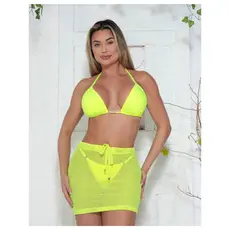 Trijunto Conjunto Mini Saia Feminina Verne Neon Saída de Banho Moda Praia com Biquini Blogueira