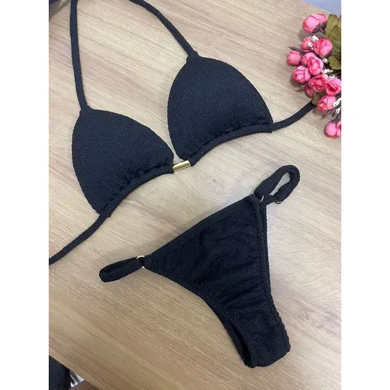 Biquini Virgínia Fita Cortininha Preto Luxo Calcinha Ajustável