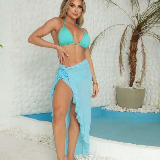 Saída de Praia Com Babado Ondulado Azul Claro Envio Imediato