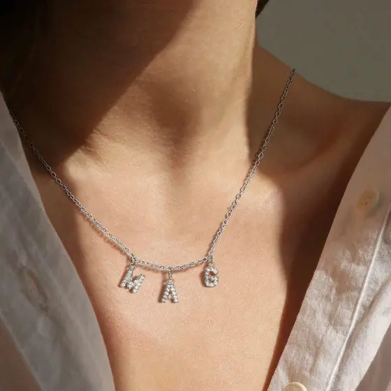 Vnox Silver Colares Iniciais Para Mulheres , Colar Combinado De Nome Personalizado , Jóias Personalizadas De Aniversário De Presente