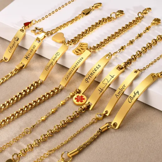 Vnox Pulseira Personalizada Feminina , 18k Gold Name ID Presente De Aniversário , De Link De Aço Inoxidável