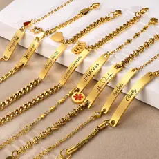 Vnox Pulseira Personalizada Feminina , 18k Gold Name ID Presente De Aniversário , De Link De Aço Inoxidável