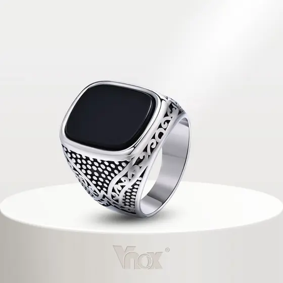 Vnox Fashion Men's Agate Stone Ring , Anel De Pedra De Ágata Masculina De Aço Inoxidável Sólido Vidro Quadrado Com Logotipo De Metal Jóias Masculinas