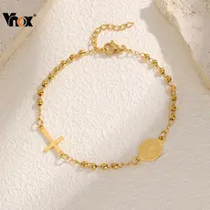 Vnox Tricolor Contas Virgem Maria Jesus Cruz Pulseira Para Mulheres , Aço Inoxidável Delicada Oração Cristã Jóias