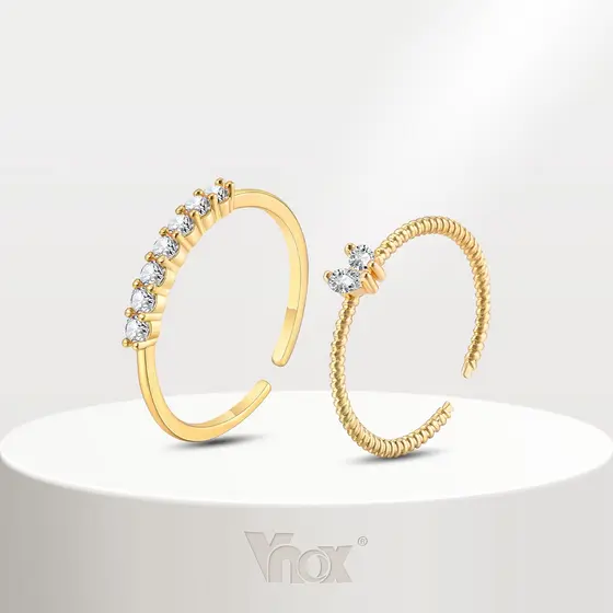 Vnox Heart Shaped Zircon Cubic Conjunto De Duas Peças Em Forma De Coração Anel Aberto Para Menina Feminina , 18K Gold Wedding Ring Acessórios Jóias