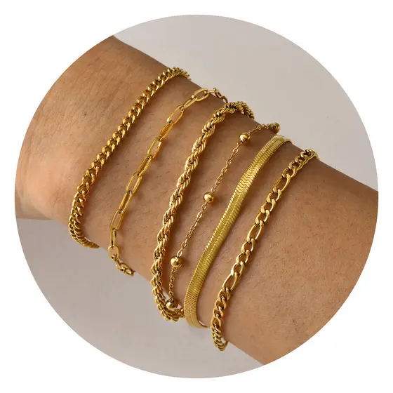 Vnox Conjunto De 6 Peças Bracelete De Luxo Requintado Para Mulheres , Com Clip De Papel De Corrente De Ouro 18K Estaca Torcida Em Camadas De Conexão Ajustável Pulseira Jóias