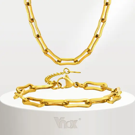 Conjunto De Pulseiras Corrente De Clip De Papel Vnox Para Menina , Ouro 18K Gargantilha De Aço Inoxidável Feita À Mão Jóias