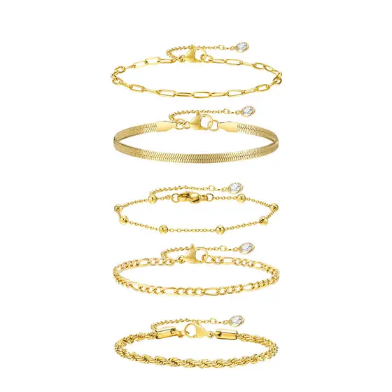 Pulseira De 5 Peças Vnox Conjunto Feminino De Luxo Requintado , Corrente De Ouro 18K , Com Clip De Papel Estaca Torcida Em Camadas De Conexão Ajustável