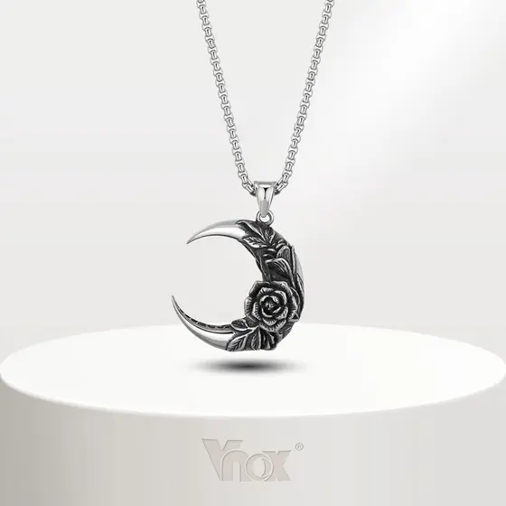 Colar De Pedra Punk Rock Gótico Masculino Vnox , Pingente De Prata Da Lua Rosa De Aço Inoxidável , Jóias Para Meninos