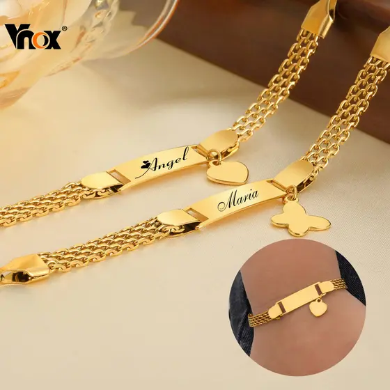 Pulseira De Barra De Nome Personalizada Em Ouro 18K Vnox Para Bebês Meninos Meninas Pulseiras Com Gravado Crianças Peque