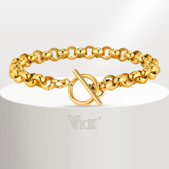 Vnox Pulseira De Ouro 18k Redonda Corrente De Pérolas OT Fecho Feminino Meninas , Aço Inoxidável Moda Não Desbotada Hipoalergênica Joias Da Presente De Aniversário